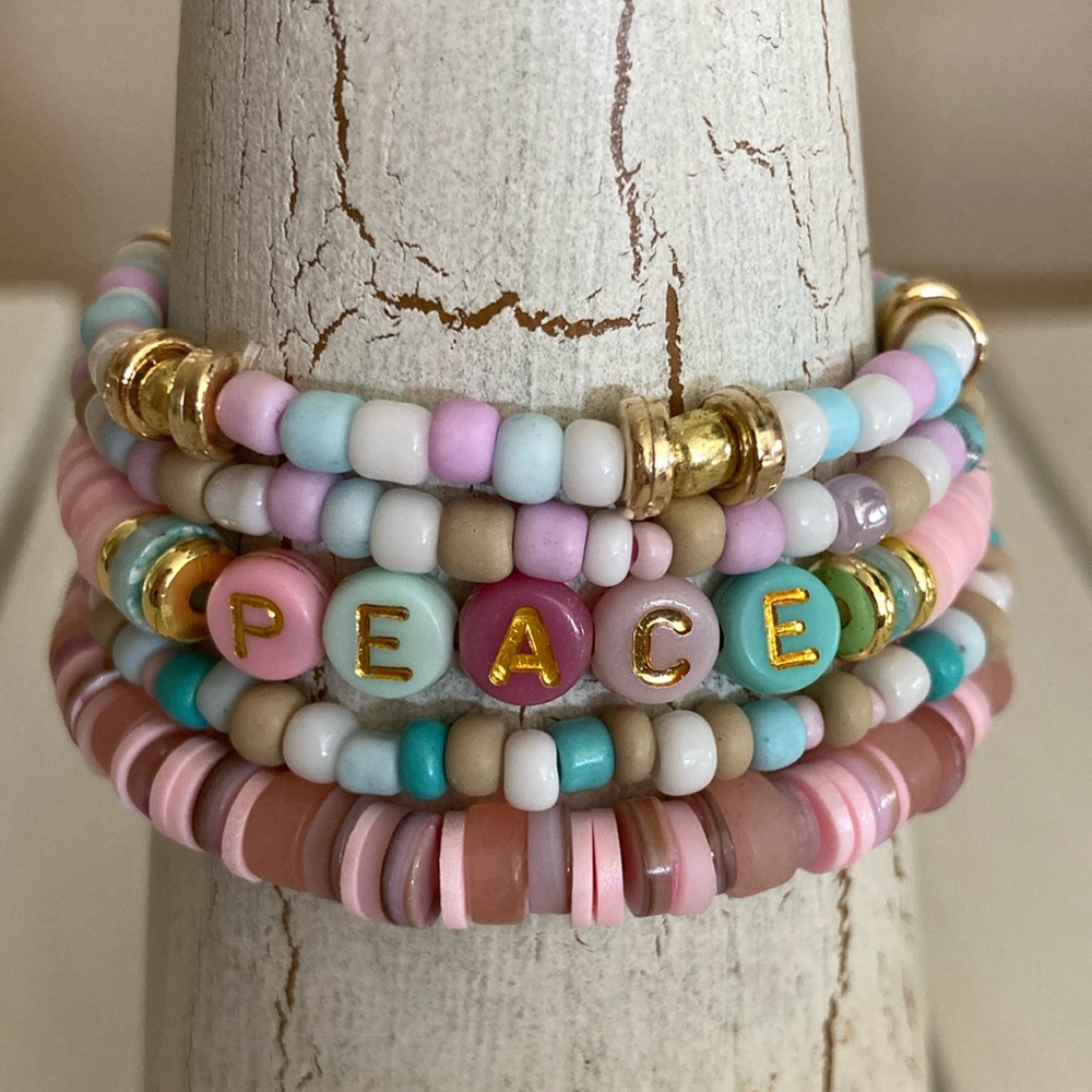 Clearance HANDMADE PEACE Boho Bracelet Set Pink Gold Turquoise White
